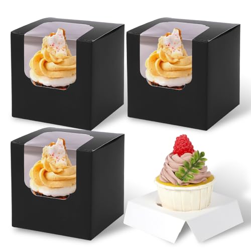 JCD 70 packs Black Cupcake Boxes Individual Cupcake Container 3.5" x 3.5" x 3.5" Auto-Pop up Single cake Box (70 Boxes+70 Inserts) (Black/70Pcs) - color: Black/70Pcs