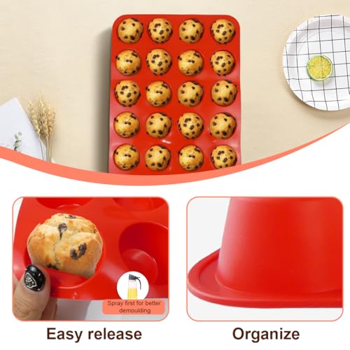 2 Pack Silicone Mini Muffin Pan, Non-Stick 24 Cups Cupcake Pan, BPA Free and Dishwasher Safe, Perfect for Making Muffin Cakes, Tart, Bread（Red）