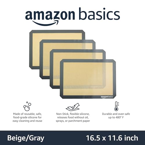 Amazon Basics Non-Stick Silicone Baking Mat, Food Safe, Dishwasher Safe, Heat Resistant, 16.5" x 11.6", Beige/Gray, Rectangular, 4-Pack - size: 4-Pack, style: Baking Mat