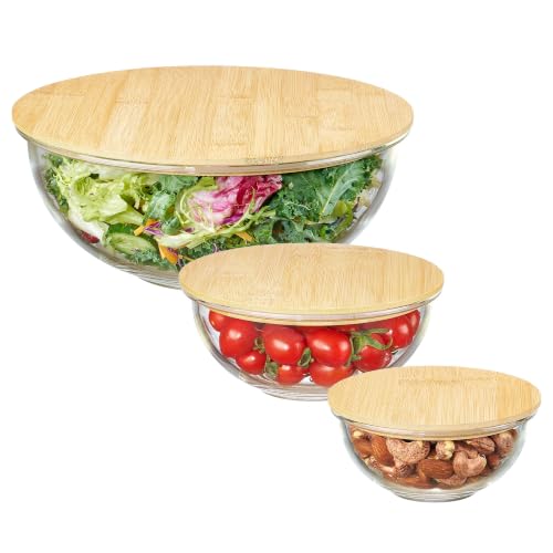 Vtopmart 3 Pack Glass Mixing Bowls with Bamboo Lids, Nesting Set - style: 3-piece set