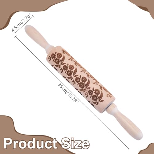 Embossed Wooden Rolling Pin Flower Leaves Print 35cm Rolling Pin for Baking Biscuits 3D Pattern DIY Kitchen Tool Baking Accessories Homemade Bakery Pastry Cookie Fondant Dough Pizza