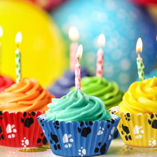 200 count Paw Bone Cupcake Liners Dog Wrappers Paw Pattern Cup Cake Holder Puppy Dog Theme Cupcake Wrappers for Baby Shower Birthday Party Supplies(Blue Red Yellow) - color: Blue Red Yellow