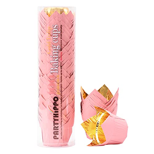 Party Hippo Gold Tulip Cupcake Liners, Baking Paper Cups, Greaseproof Cupcake Wrappers for Muffins, Cupcakes, Wedding, Birthday, Baby Shower (100, Pink) - color: Pink