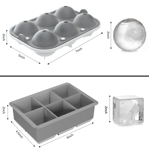 2 Pack Ice Cube Tray, 2" Sphere Ice Ball Mold with Lid & Large Square Maker - color: Gray