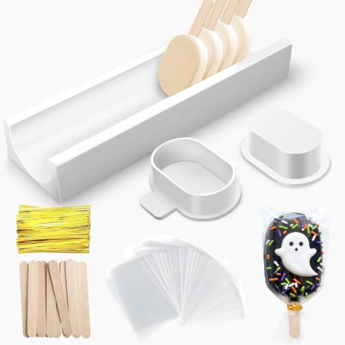 3 Inch Cakesicle Cutter and Cake Pop Mold Set with 8.7in Tray, 100 Wooden Sticks & 100 Bags, Silicone Cakesicle Mold for Homemade Cake Pops, Baking, Birthdays and Party Desserts (White) - color: White