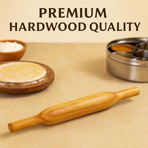 Handcrafted Wooden Rolling Pin,Belan,Belna,Traditional Belan for Roti, Chapati, Dough, Pastry – Handcrafted Hardwood Dough Roller with Easy Grip Handles – Smooth Finish (Thin Belan) - color: Thin Belan