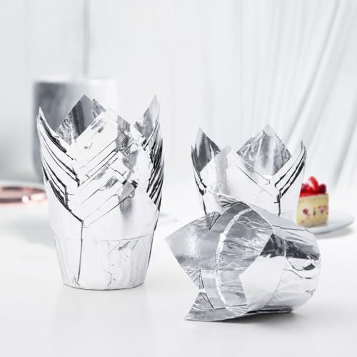 Party Hippo Gold Tulip Cupcake Liners, 100 Count Baking Paper Cups, Greaseproof Cupcake Wrappers for Muffins, Cupcakes, Wedding, Birthday, Baby Shower - color: Silver