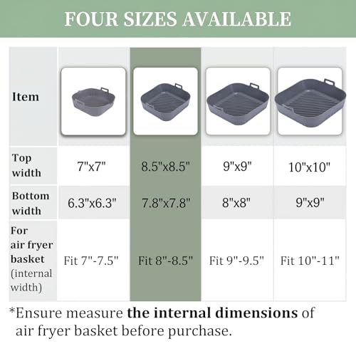 Golden Associate Silicone Liners Square for 8 to 8.5 inch Air Fryer, 2 Pcs Non-stick Food-grade Reusable Basket Baking Tray Airfryer Accessories, Grey - size: 8'' square