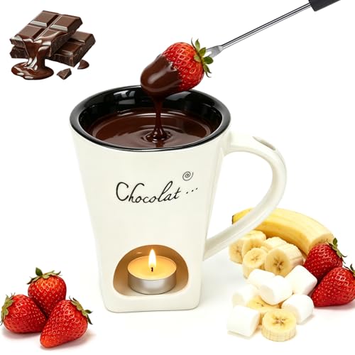 Chocolate Fondue Mug with Fork Sweet Ceramic Personal Chocolate Melting Cup Chocolate Fondue Mug Ideal Gifts for Birthday Date Night Birthday Wedding Gifts (white) - color: White