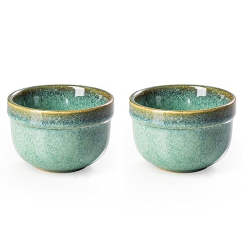 Henten Home 6 oz Ramekins Set Oven Safe, Ceramic Creme Brulee Ramekins Set of 2, Baking Cups for Pudding, Souffle, Ice Cream, Snack, Dipping (Green) - color: Green-2