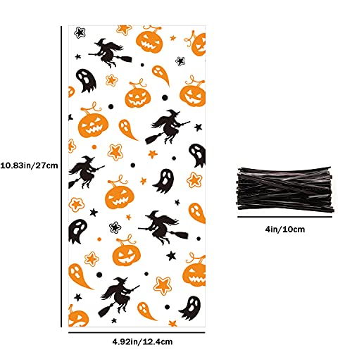 LOMIMOS 150PCS Halloween Cellophane Candy Bags, Clear Plastic Treat bags with 300PCS Twist Ties for Snacks cookies Gift Supplies - size: 4.9x10.8 Inch (Pack of 150)