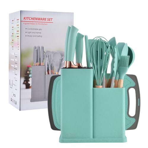 19 Pieces Kitchen Utensils and Knife Set with Block, Inldued 9 Pieces Silicone Cooking Utensils Set 5 Pieces Sharp Stainless Steel Chef Knives Scissors Whisk Tongs and Cutting Board (TEAL) - color: Teal