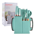 19 Pieces Kitchen Utensils and Knife Set with Block, Inldued 9 Pieces Silicone Cooking Utensils Set 5 Pieces Sharp Stainless Steel Chef Knives Scissors Whisk Tongs and Cutting Board (TEAL) - color: Teal