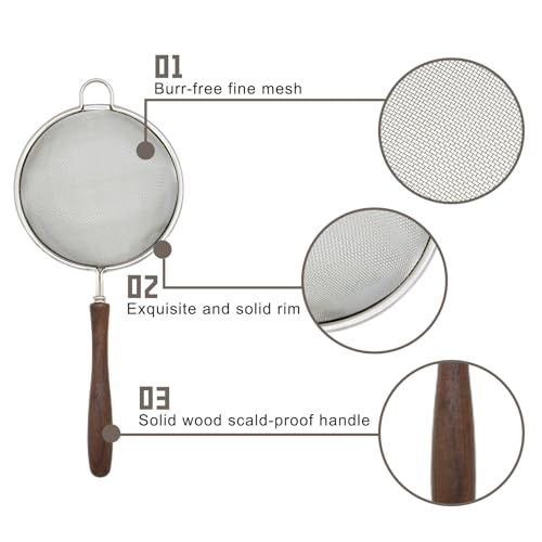 Flylin 3Pcs Stainless Steel Silver Walnut Long Handle Mesh Strainer Set