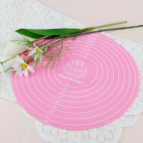 DOERDO Silicone Cake Mat - 12 Inch Round Non-Stick Baking Mat with Measurements Reusable Heat Resistant Pastry Pad for Rolling Dough Cake Turntable Pizza Cookie