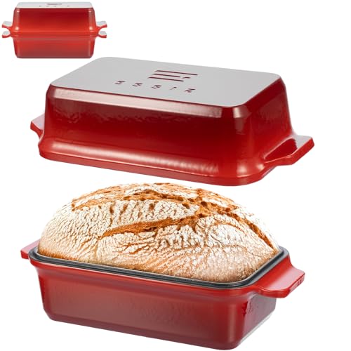 Enameled Cast Iron Dutch Oven for Sourdough Bread Baking, 9×5 Dutch Oven Pot with Lid, 2 in 1 Bread Pans with Lid for Baking, Roasting & Braising, Easy Release, Oven & Induction Safe (4.2 QT,Red) - color: Red