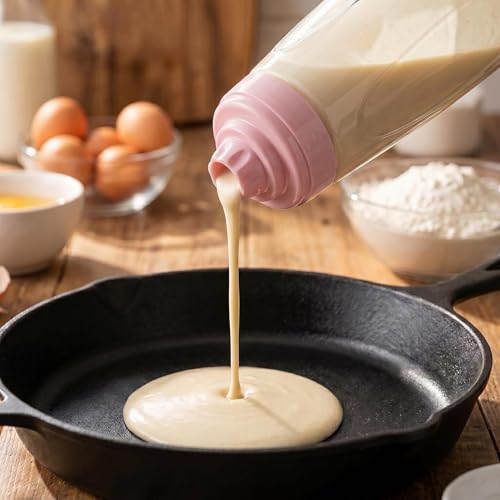 2PCS Pancake Batter Dispenser & Mixer Bottles, 1000ml Leak-Proof Silicone Squeeze Bottle, BPA Free & Dishwasher Safe for Pancakes, Waffles, Muffins, Crepes & Cupcakes (pink) - color: pink
