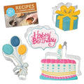 R&M Birthday Cookie Cutter 4-Piece Gift Set-Includes Cake and Candle, Plaque, Present, Balloon Bunch Cookie Cutter with Recipe Card - Steel