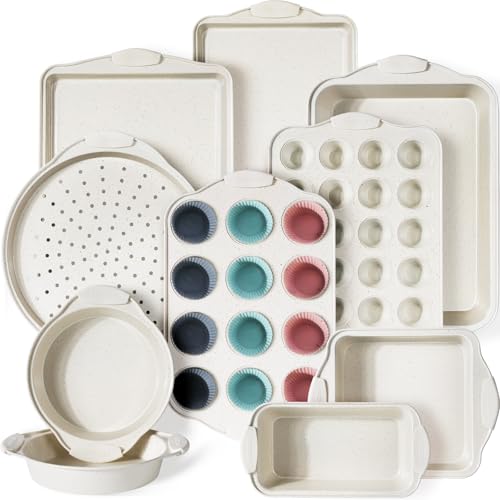 Kikcoin 22 PCS Nonstick Baking Pans Set, Stackable Bakeware Sets with Silicone Handles, 450°F Oven Safe Baking Sheet Set, Easy Release Cookie Sheets for Baking, Cream - color: Cream