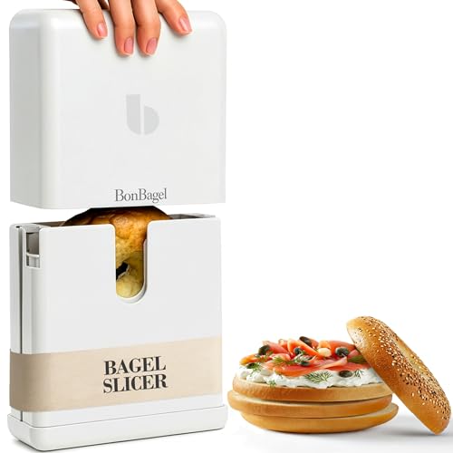 Bagel Slicer, Compact 2-in-1 Bagel Cutter with Precision Blade, Auto-Center & Knife Slot, Bagel Cutter Slicer for Large Bagels, Buns & English Muffins, Dishwasher Safe, White - color: White