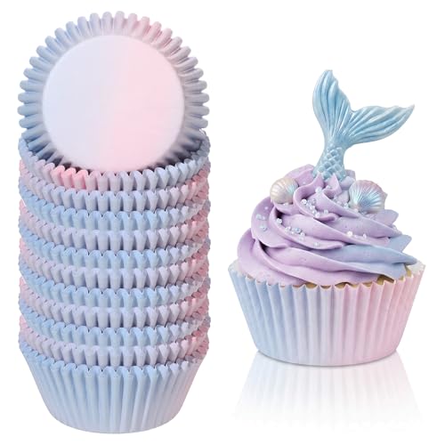 300PCS Gradient Cupcake Liners Blue Pink Ombre Paper Baking Cups Mermaid Themed Muffin Cupcake Wrappers for Bridal Shower Wedding Baby Shower Gender Reveal Birthday Party Cake Decor - style: 300 Counts