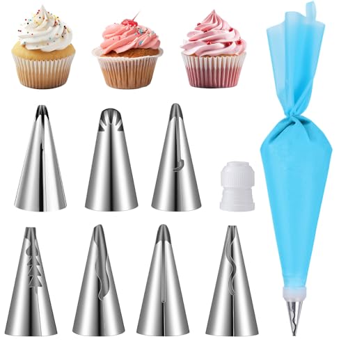 9 Pcs Reusable Piping Bags and Tips Set, Stainless Steel Ruffle Large Piping Tips with Pastry Bag Cake Decorating Tips for Cupcakes Cookies Cake Decoration Tools