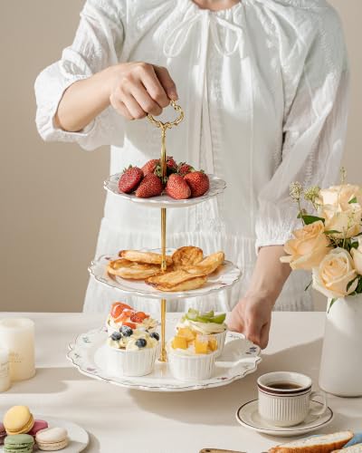 3 Tier Cupcake Stand, Ceramic Tiered Serving Stand - color: Wildflowers