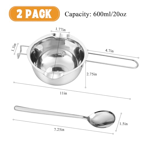 2Pcs 600ml/20oz Stainless Steel Double Boiler Pot with 2 Metal Spoon, Chocolate Melting Pot for Melting Chocolate Butter Cheese Candle and Wax Making Kit Double Spouts - size: b. 600ml/20oz