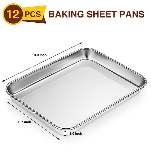 Wildone Sheet Pan Set Baking Sheet Cookie Sheet Baking Pan Toaster Oven Pans, 12 PCS Stainless Steel Baking Tray Cookie Pan, Heavy Duty & Dishwasher Safe, 9 x 6.7 x 1 Inches