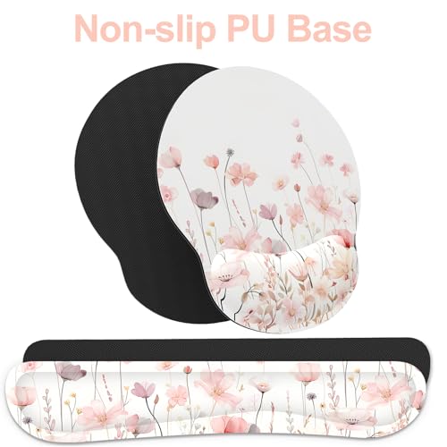 Ergonomic Mouse Pad with Wrist Rest and Keyboard Wrist Rest, Mousepad - color: Pink Watercolor Flowers
