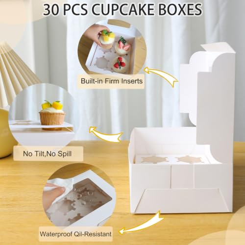 Cupcake Boxes 4 Count with Window, Bakery Boxes, Muffin Containers, Food Grade, Easy Assembly for Candies, Mini Cakes and Baked Goods - 6.3x6.3x3, 30 Pack - size: 6.3x6.3x3 inch