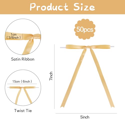 TONIFUL 50 Pack Gold Bows with Twist Tie 5 x 7 Inch Pretied Ribbon Bows - color: Gold