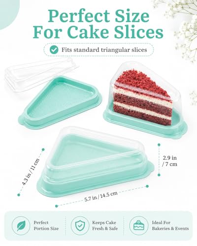 50 Pack Cake Slice Containers with Pink Base & Clear Lids - Disposable Triangle Cheesecake Boxes for Pie, Dessert, Pastry - Individual Plastic Slice Holders with Stickers (Green) - color: Green