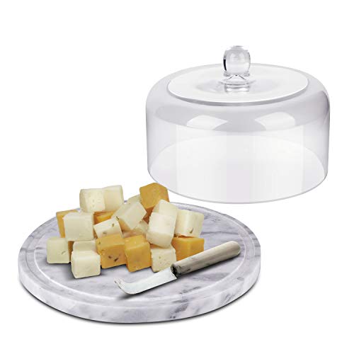 Flexzion Marble Cake Stand with Lid Round Glass Cover Glass Dome Cake Saver Cheese Holder Serving Platter Stone Cake Stand Cutting Board Slab Set for Kitchen Dining Bakery Pastries Display, 11 Inches - size: 11 Inch