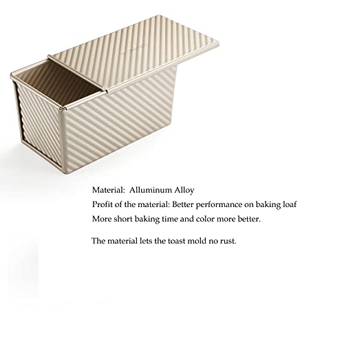 monfish Pullman Loaf Pan w Cover Bread Toast Mold corrugated loaf Pan w lid 1lb dough Alluminumed Steel Non Stick Gold (8.5X4.75X4.375INCH) - size: 8.35x4.8x4.5 inch