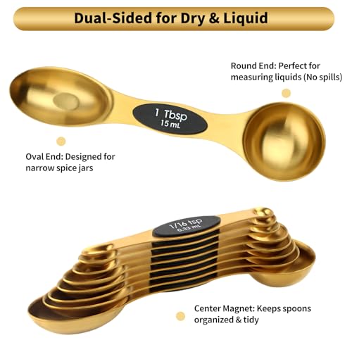 Gold Magnetic Measuring Spoons Set Stainless Steel with Leveler, Dual-Sided Stackable Metal Measuring Spoons for Baking & Cooking, Fits in Spice Jars, Heavy Duty Kitchen Gadgets, 8 Spoons & 1 Leveler - color: Gold