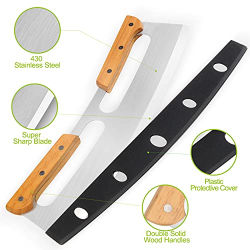 Pizza Cutter Rocker with Wooden Handles & Protective Cover by ZOCY, 14" Sharp Stainless Steel Pizza Slicer Wheel, Big Pizza Knife Cutters for Kitchen Tool (14inch) - size: 14inch
