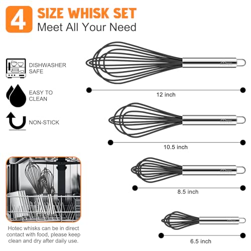 HOTEC 4Pcs Silicone Whisk Set, Wire Balloon Whisks for Cooking Egg Beater - color: Black,Silver