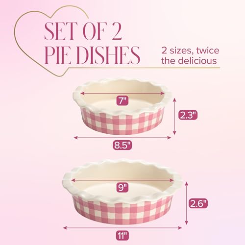 Paris Hilton Ceramic Pie Dish Set, 7-Inch and 9-Inch Stoneware Baking Dishes with Fluted Rim and Gingham Design, Oven Safe up to 450°F, 2-Piece, Pink - size: 2-Piece