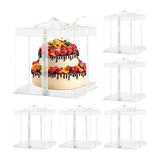 JCD 7" X 7" X 8" Ideal for 4" and 5" Inch two Layer Tiered Cakes Box,6 Pcs Transparent Cake Box with Ribbon for Pastries-Clear Boxes with Lid for Party and Display (White Lid, 7 * 7 * 8inch/6Pcs) - size: White Lid 7inch/6Pcs