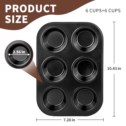2 Pack 6-Cup 4/12/24/48 Cups Muffin Pan, Heavy-Duty Carbon Steel Nonstick Cupcake Baking Pan, 2.56” Standard Size Cups, Compact 10.43” x 7.28” Design, Oven & Dishwasher Safe - color: 6 Cups 2 Pack
