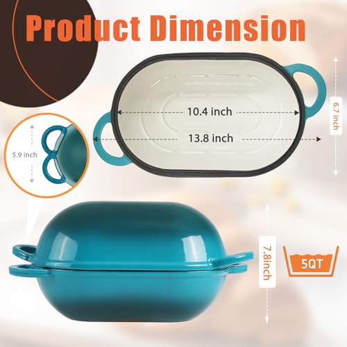 5 QT Enameled Cast Iron Sourdough Bread Oven, Loaf Pan with Lid - color: BlueGreen, size: 5 QT