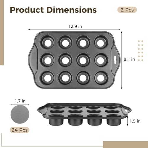 2 Pack Mini Muffin Pan, 12 Cavity Carbon Steel Cupcake Baking Tray with Removable Bottoms, Non-Stick Muffin Tins for Mini Cheesecakes, Quiches, and Cornbread