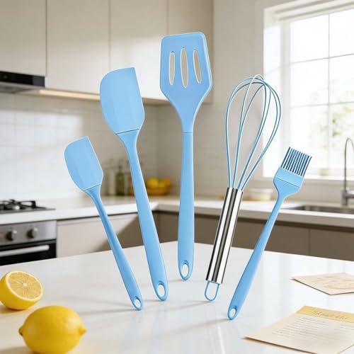 5-Pcs Rubber Spatula Set,Bowl Scraper & Flat Baking Spatula Spoon,Blue