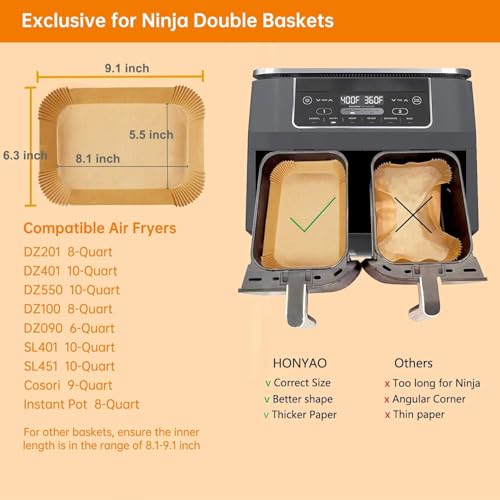 HONYAO 200pcs Rectangle Air Fryer Paper Liners (9'' x 6'' on Top) - size: 8.1 x 5.5 inch
