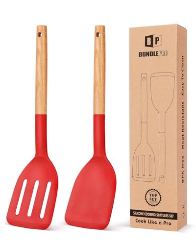 BUNDLEPRO Silicone Spatula, Solid & Slotted Turner, BPA-Free, 2 Pack, Red - color: Red