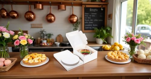 20Pack 8x8x5 Cake Boxes with Window & Cake Boards (10 Boxes + 10 Boards), White Elegant Container for Cakes, Cookies, Wedding, Birthday, Fathers Day, One-Piece Assembly - size: 8x8x5 inch