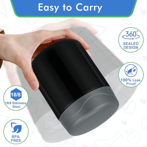 wiwens 12oz 2 Pack Insulated Food Jar Set for Kids Soup Thermo Hot Food Lunch Container Wide Mouth Leak Proof Stainless Steel Vacuum Bento Box for School Office Travel Outdoors - color: Black*2