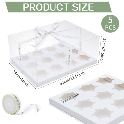 5 Pcs clear cupcake boxes with gift ribbon, 12 count cupcake container, plastic cupcake tray, suitable for desserts, cookies, muffins for Easter and Mother's Day.(White, 12 Counts/5 pcs) - size: 12 Counts/5 pcs