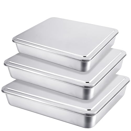 Tioncy 3 Sets Baking Stainless Steel Pan with Lid, 17/13/11 Inch - size: 17/13/11 Inch